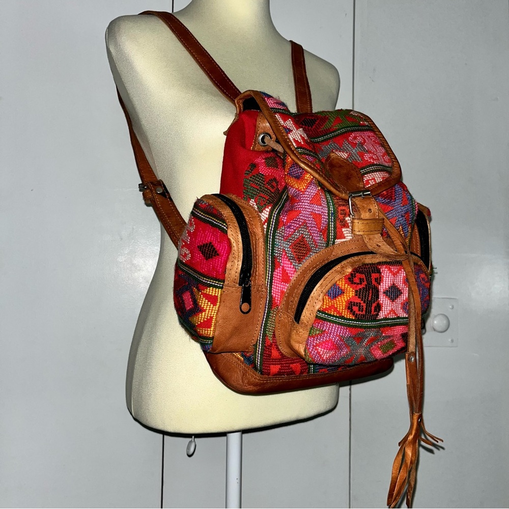 Hand Woven Leather & Huipil Large Backpack • Guatemalan